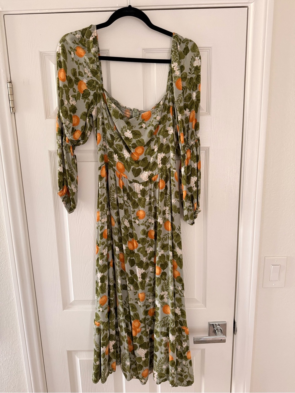 Reformation Olive Green Midi Dress with Orange Floral Print